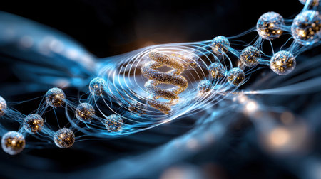 A blue and gold spiral of spheres is shown in the image. The spheres are arranged in a way that creates a sense of movement and energy. The blue and gold colors give the image a sense of vibrancyの素材