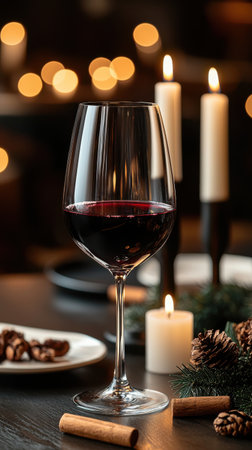 A glass of red wine is on a table with candles and pine cones. Scene is cozy and intimate, as the candles and pine cones create a warm and inviting atmosphere. The wine glass itself is elegantの素材