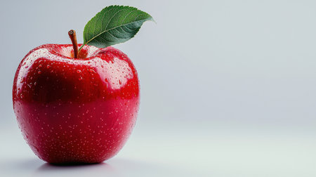 A red apple with a green leaf on top. The apple is shiny and wet. Concept of freshness and natural beautyの素材