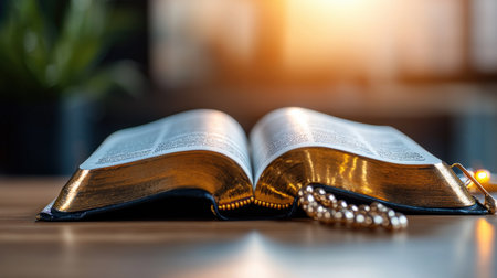 A book is open to a page with a gold colored cross on it. The book is on a wooden tableの素材