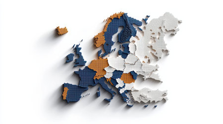 A map of Europe with a blue and white background. The map is made up of small squares and is very detailedの素材