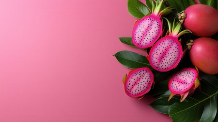A close up of a pink fruit with a pink background. The fruit is cut in half and surrounded by leavesの素材
