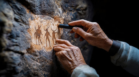 A man is drawing on a rock with a black marker. The drawing is of people and deerの素材