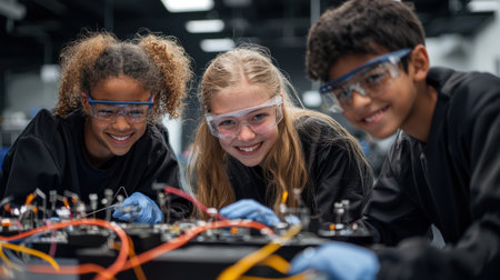 Three children wearing safety goggles and gloves are working on a science project. They are smiling and seem to be enjoying themselvesの素材