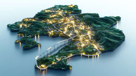 A city island with a bridge and lights on it. The island is surrounded by water and has a green forestの素材
