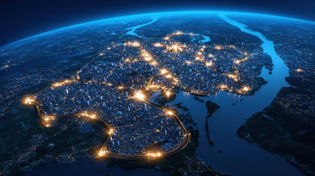 A city is lit up at night with a river running through it. The city is full of lights and the river is also lit up. Scene is lively and bustlingの素材