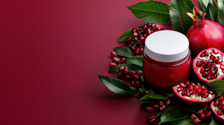 A red background with a white jar of fruit on it. The fruit is a mixture of pomegranates and raspberriesの素材