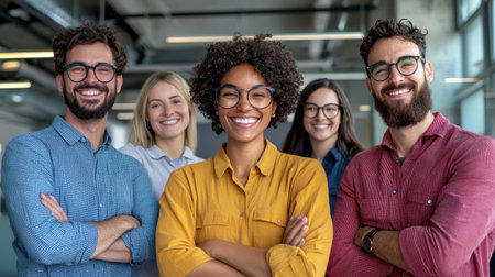A group of people are smiling and posing for a photo. The group consists of a man and four women, all wearing glasses. Scene is happy and friendly, as everyone is smiling and posing togetherの素材