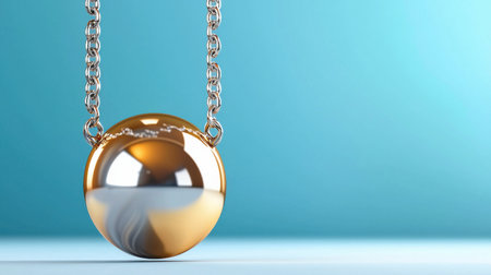 A gold ball is suspended from a chain. The chain is silver and the ball is shiny. The image has a calm and peaceful moodの素材