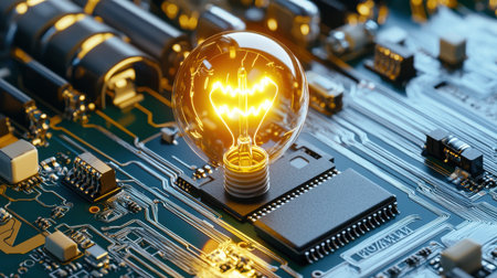 A light bulb is glowing on a circuit board. The light bulb is yellow and is surrounded by electronic components. Concept of innovation and technologyの素材