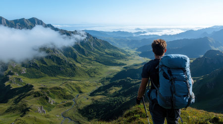 A man is standing on a mountain top with a large backpack on his back. The mountains are covered in clouds, creating a moody atmosphere. The man is enjoying the viewの素材