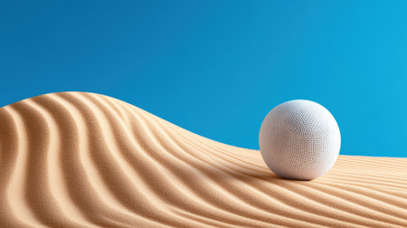 A white ball is sitting on a sandy beach. The beach is a beautiful blue color. The ball is the only object in the sceneの素材