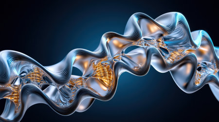 A silver and gold wave that is curved and twisted. The wave is made of metal and has a shiny, reflective surface. The image has a futuristic and modern feel to it, with the metallic materialの素材