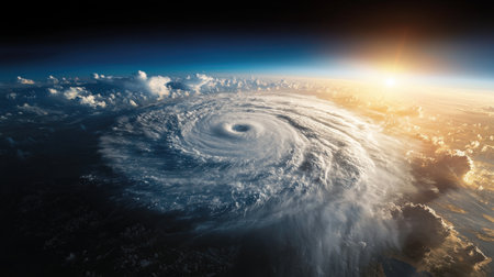 A storm is brewing in the sky, with a large swirling cloud in the center. The sun is setting in the background, casting a warm glow over the scene. Scene is intense and dramaticの素材