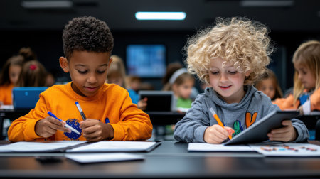 Two young children are sitting at a desk, writing in their notebooks. The scene is set in a classroom, with other children sitting at their desks. The children seem to be focused on their workの素材