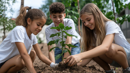 Three children are planting a tree together. They are smiling and seem to be enjoying themselves. Concept of teamwork and the importance of taking care of the environmentの素材