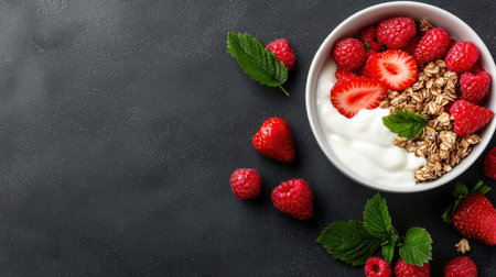 A bowl of yogurt and fruit on a black background. The bowl is filled with strawberries and raspberriesの素材
