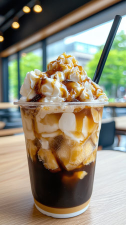 A cup of coffee with whipped cream and caramel sauce on top. The cup is sitting on a wooden tableの素材