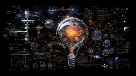 A light bulb is surrounded by a bunch of equations and diagrams. Concept of scientific exploration and discoveryの素材