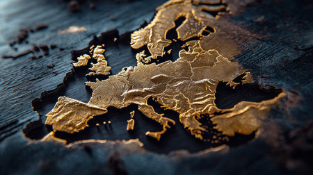A gold colored map of Europe is shown on a wooden surface. The map is intricately detailed and he is a work of art. The gold color gives the map a luxurious and elegant feelの素材