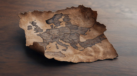 A map of Europe is on a wooden table. The map is old and worn, with some parts missing. The map is brown and has a vintage feel to itの素材