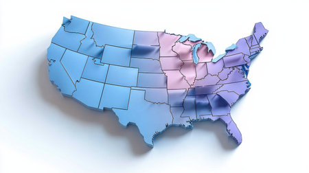 A 3D rendering of the United States with the states colored blue, purple and pink. The map is a representation of the country's geography and is meant to be visually appealingの素材