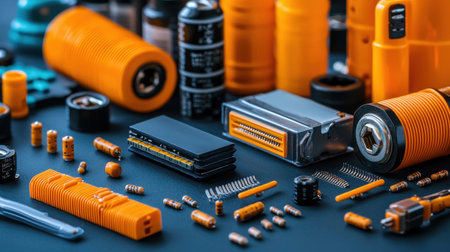 A collection of electronic components and tools are laid out on a table. The assortment of items includes wires, capacitors, and other small parts. Concept of organization and preparationの素材