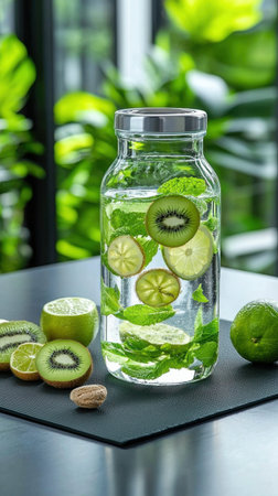 A glass bottle filled with water and lime slices. The bottle is placed on a table with a black backgroundの素材