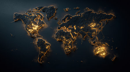 A black and white photo of a globe with the continents lit up in orange. Concept of mystery and wonder, as the glowing continents seem to be floating in the darkの素材