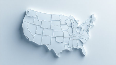 A white map of the United States with the states of Alaska, Arizona, California, Colorado, Connecticut, Delaware, Florida, Georgia, Hawaii, Idaho, Illinois, Indiana, Iowa, Kansas, Kentucky, Louisiana,の素材