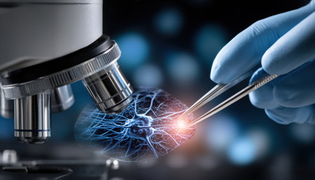 A person is holding a pair of tweezers and looking at a cell under a microscope. The cell appears to be damaged, and the person is examining it closely. Concept of curiosity and scientific explorationの素材