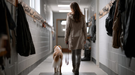 A woman walks down a hallway with her dog on a leash. The dog is brown and whiteの素材