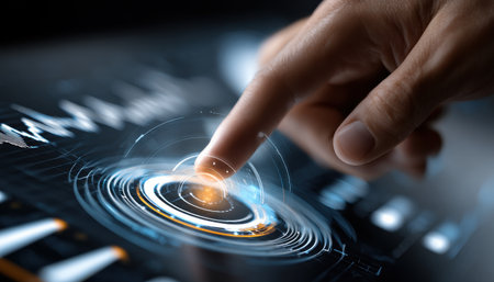 A hand is touching a blue and orange circle on a screen. The circle is surrounded by a series of smaller circles, and the hand is pressing down on the center of the circleの素材