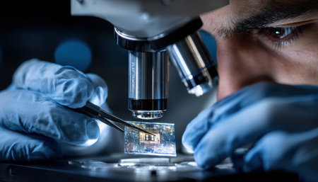 A man is looking through a microscope at a small object. Concept of curiosity and scientific explorationの素材