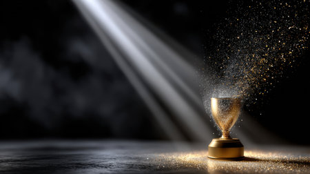 A golden trophy is on a table with a dark background. The trophy is surrounded by a lot of glitter, which gives it a sense of celebration and achievement. Concept of success and recognitionの素材