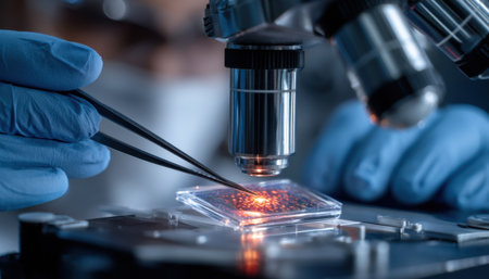 A scientist is using a microscope to examine a small object. Concept of curiosity and scientific explorationの素材