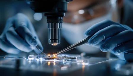 A scientist is using a microscope to examine a small object. Concept of curiosity and scientific explorationの素材