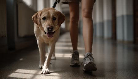A woman is walking a dog in a hallway. The dog is brown and he is happyの素材