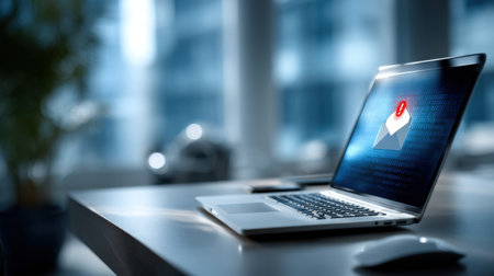 A laptop computer with an email notification on the screen. The laptop is on a desk in front of a windowの素材