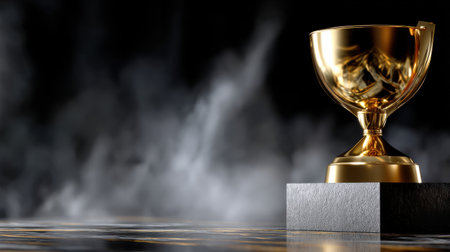 A gold trophy sits on a pedestal in front of a foggy background. The trophy is the main focus of the image, and the foggy background adds a sense of mystery and drama to the sceneの素材