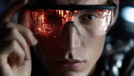 A man is wearing a pair of glasses with a red light on them. The glasses are designed to project a computer screen onto the wearer's face. The man is looking at the cameraの素材