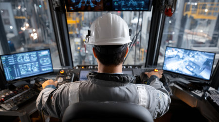 A man in a white helmet is sitting in front of a computer monitor. He is wearing a grey jacket and a white hatの素材