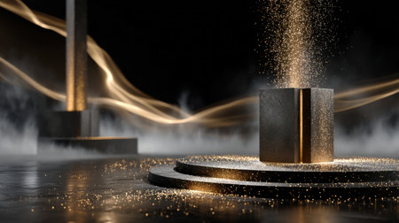 A black and gold image of a box with a lot of sparkles. The box is surrounded by a lot of smoke and the background is a dark, mysterious settingの素材