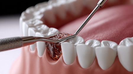 A dentist is using a dental tool to remove a piece of food from a patient's teeth. Concept of cleanliness and professionalism, as the dentist is focused on providing proper dental care to the patientの素材