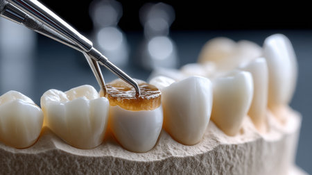 A dentist is using a dental tool to remove a tooth. Concept of precision and care, as the dentist is working to remove the tooth with a small, sharp toolの素材