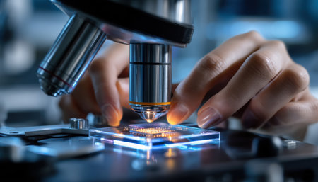 A person is looking through a microscope at a small object. Concept of curiosity and scientific explorationの素材