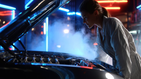A woman is looking at the engine of a car with smoke coming out of it. The scene is set in a garage with neon lightsの素材