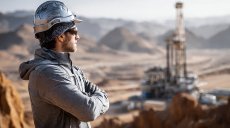 A man in a grey jacket stands on a rocky hill overlooking a large oil rig. He is wearing a hard hat and sunglasses, and his arms are crossed. Concept of awe and respect for the powerの素材