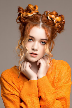 A woman with red hair and orange sweater poses for a photo. The photo is in black and whiteの素材
