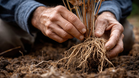 A man is planting a seedling in the dirt. He is holding the root of the plant in his handの素材